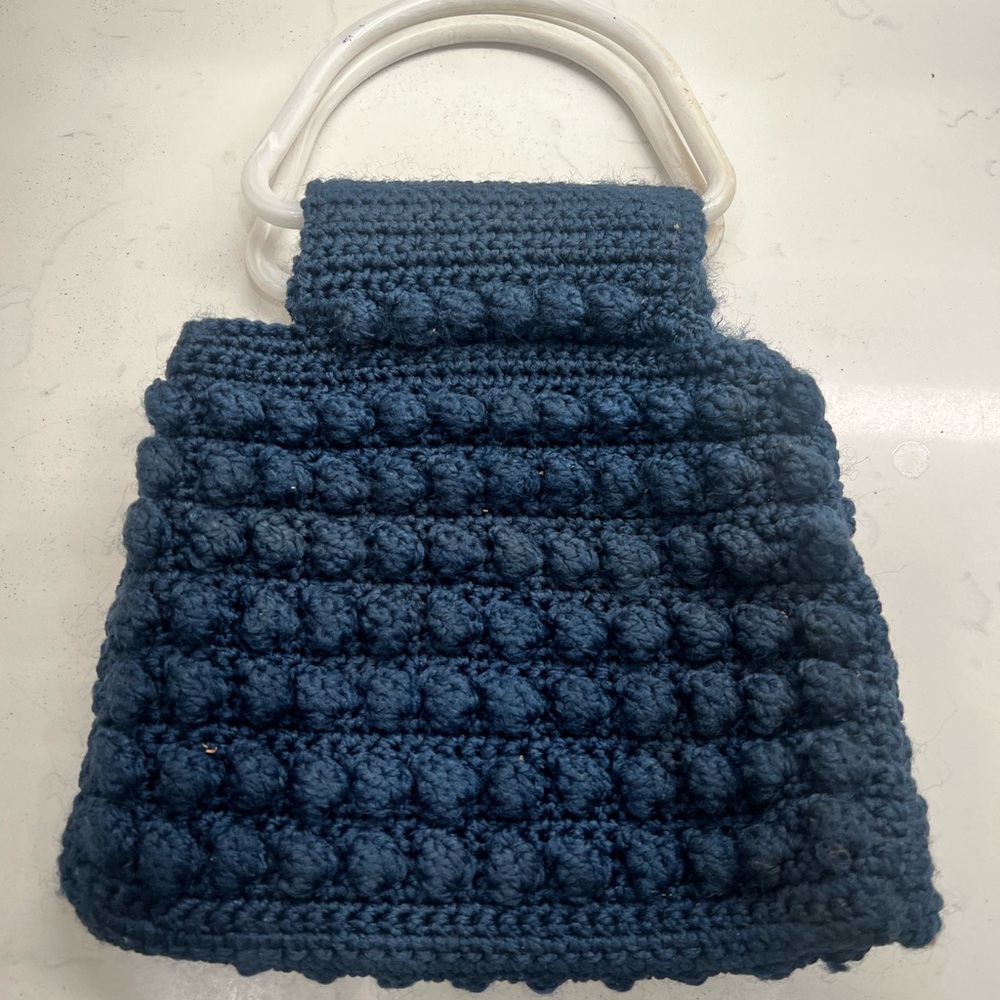 Vintage Lucite Handle Blue Macrame Purse Clutch Handbag